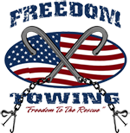 Freedom Towing logo with the slogan "Freedom to the rescue."